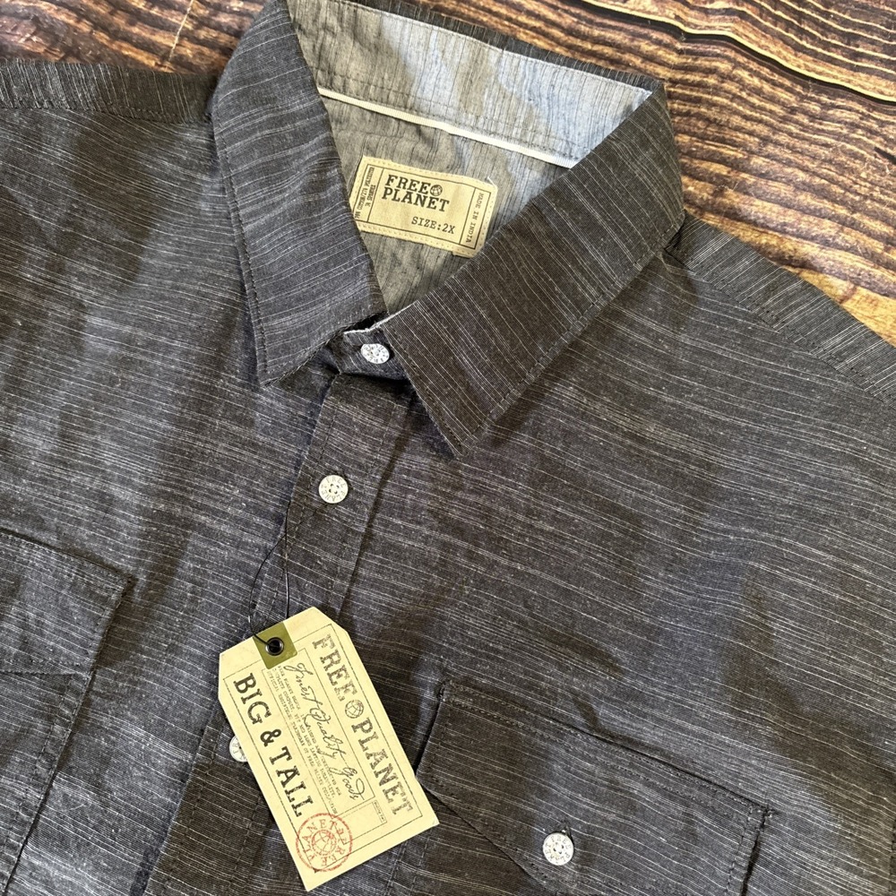 FREE PLANET-Men's Button-Up Short Sleeve Shirt, Black/Gray, XXL NWT Stretch - Picture 1 of 10